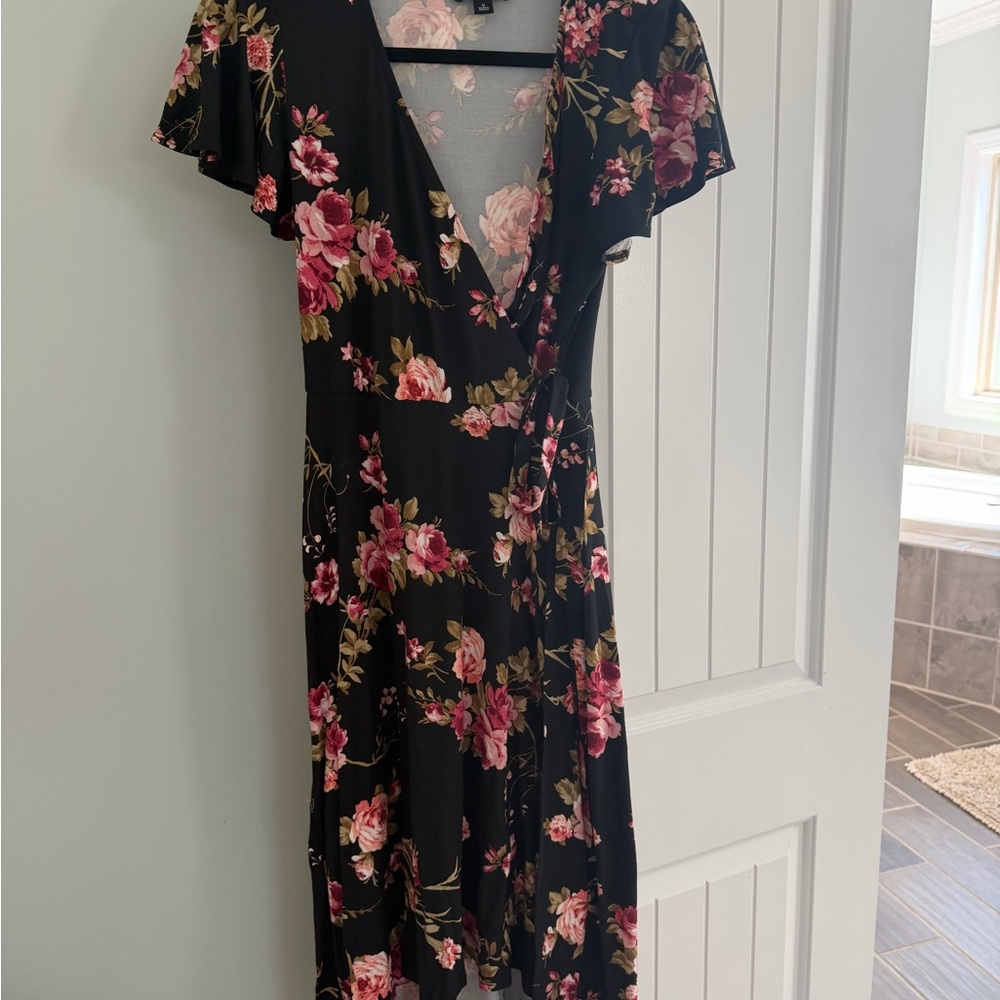 Black Floral Midi Wrap Dress with Pink Rose Print